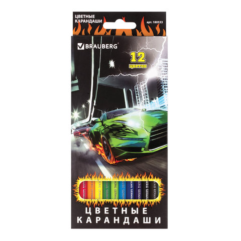 Карандаши цветные BRAUBERG "Hot Cars" (Крутые тачки), 12 цв., заточенные Карандаши цветные BRAUBERG "Hot Cars" (Крутые тачки), 12 цв., заточенные