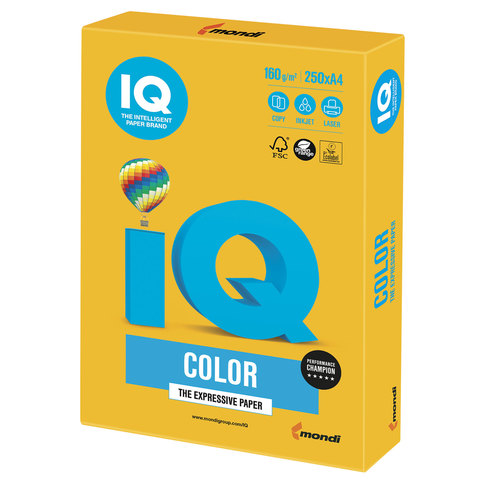Бумага цветная IQ color, А4, 160 г/м2, 250 л., интенсив, солнечно-желтая, SY40 